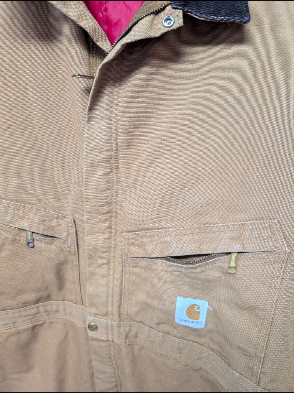 Carhartt Tan Duck Coverall with Black Corduroy Collar and Red Lining - Picture 3 of 6
